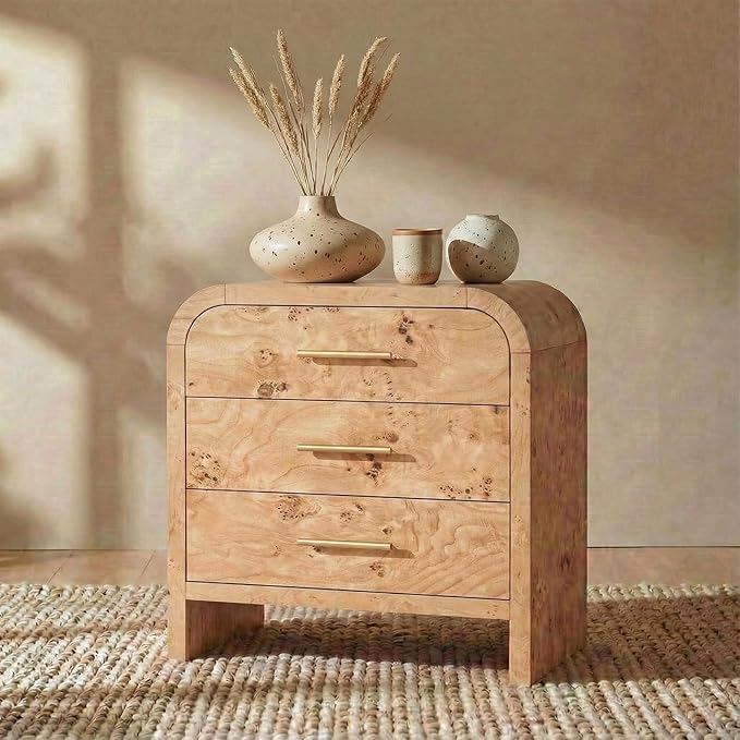 Night Stand [Unique Curved Profile] [FSC-Certified Wooden Board] 3-Drawer Nightstand 24" H Metal Handle Modern Bedside Table