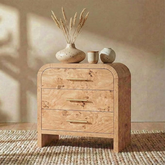 Night Stand [Unique Curved Profile] [FSC-Certified Wooden Board] 3-Drawer Nightstand 24" H Metal Handle Modern Bedside Table