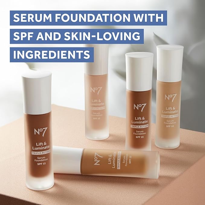 No7 Lift & Luminate Triple Action Serum Foundation - Honey - Liquid Foundation Makeup with SPF 15 for Dewy, Glowy Base - Radiant Serum Foundation for Mature Skin (30ml)