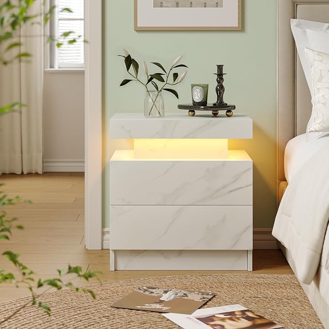 White Nightstand Modern End Tables for Bedroom Nightstand with Led Lights Side Table for Bedroom with Drawer White