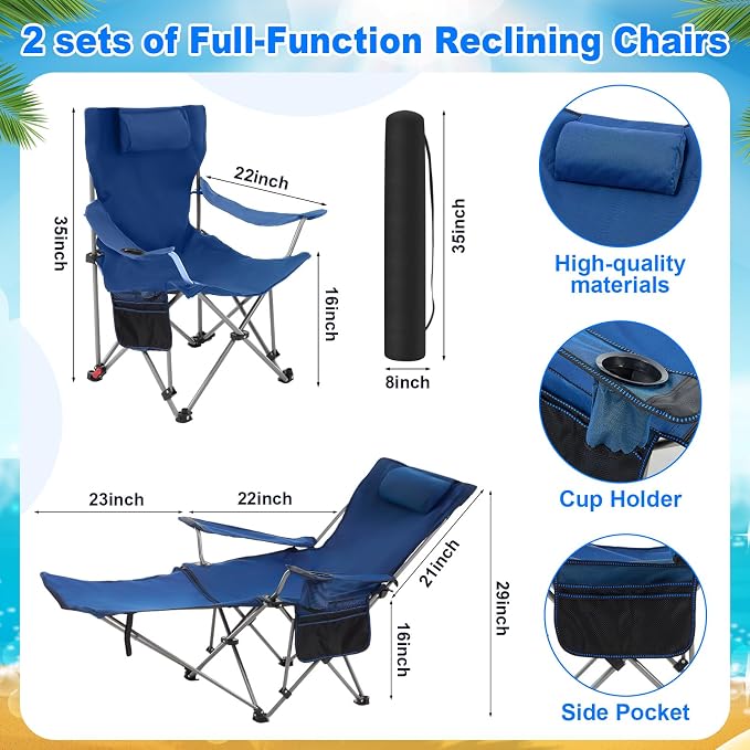 Yuntau 2 Set Reclining Beach Chairs with UPF 50+ Umbrellas Shade, Upgraded Heavy Duty Portable Folding Lounge Camping Chair with Canopy Removable Footrest & Headrest for Outdoor Patio(Blue)