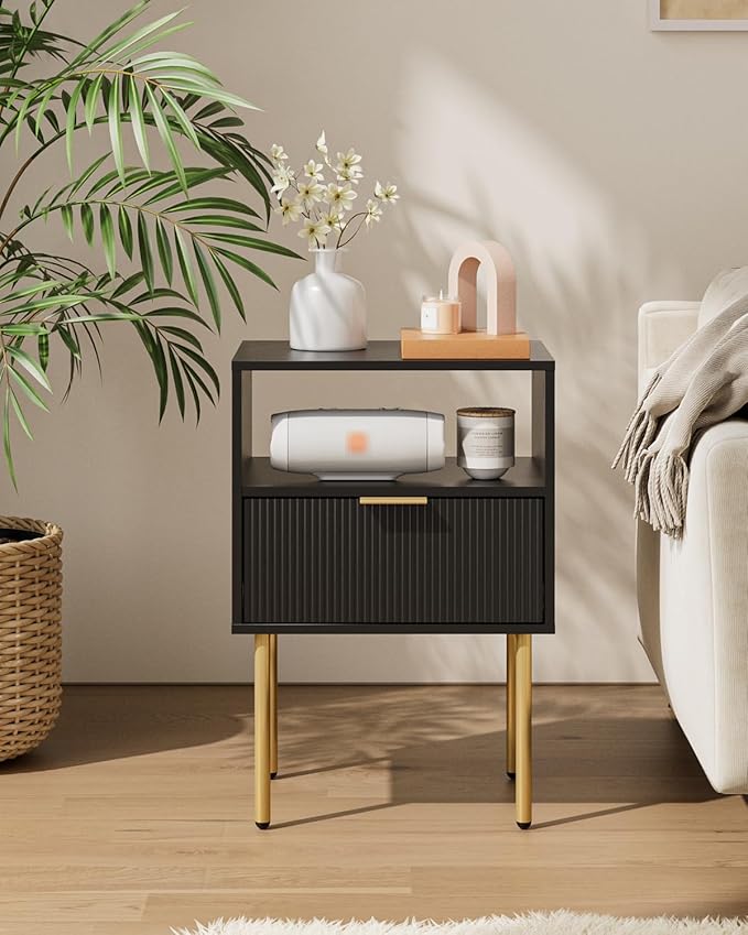 Aienvey Night Stand, Modern Nightstand with Drawers, Bedside Table, Gold Small Side Table for Bedroom, Living Room End Table (Black Stripe, 1 Drawer)