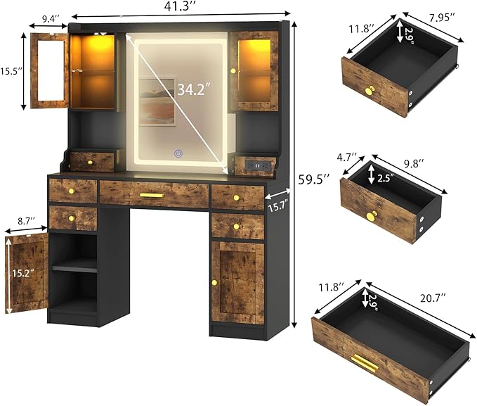 Vanity Desk with Mirror and Power Outlet, 41.3'' Large Make up Vanity Table with 6 Storage Drawers & RGB Cabinets, Dressing Table with 3 LED Lighting Modes Adjustable, for Girls, Women, Rustic Brown