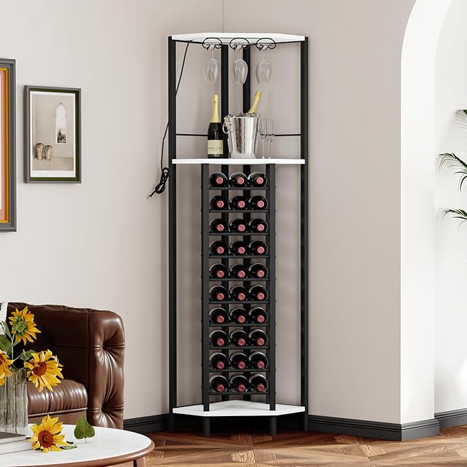 Homeiju Corner Wine Rack with Glass Holder and Led Strip Light, Corner Bar Wine Racks Freestanding Floor, Industrial Corner Bar Cabinet for Kitchen, Dining Room, Living Room or Cellar