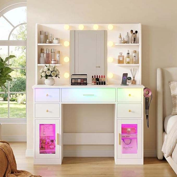 Vanity Desk with Mirror and Lights, Charging Station, Makeup Vanity with 5 Drawers & 4 Open Storage Shelves, White Vanity Table with RGB Cabinets & Hairdryer Holder, Large Dressing Table for Women