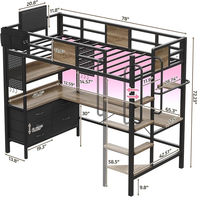 BYSAUD Twin Loft Bed with Desk and Storage, Metal Bunk Bed with 5 Drawers and 2 Pegboards, Heavy Duty Loft Bed Twin Size with LED Lights and Charging Station for Teens Adults, Noise Free, Gray