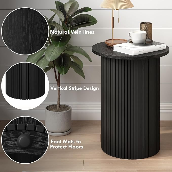 Wnutrees Round Fluted End Table, Small Accent Pedestal Side Table, Wood Fluted Nightstand Bedside Table for Living Room, Handcrafted Finish, Black, 2Pack