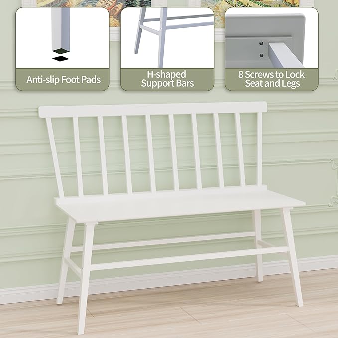 APRTAT Bamboo Entryway Bench, Farmhouse Dining Bench with Spindle Back 3 Person Indoor Bench Chair Wood Windsor Bench Easy Assembly for Foyer Balcony Hallway Living Room (White)