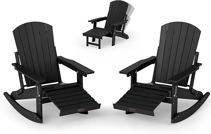 Adjustable Adirondack Rocking Chair Set of 2 with Retractable Ottoman Footrest, 4-in-1 Foldable HDPE Outdoor Rocker, Weather Resistant Adirondack Chair for Porch, Garden & Poolside, Black