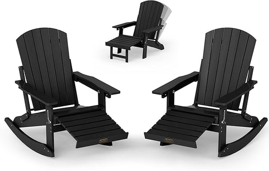 Adjustable Adirondack Rocking Chair Set of 2 with Retractable Ottoman Footrest, 4-in-1 Foldable HDPE Outdoor Rocker, Weather Resistant Adirondack Chair for Porch, Garden & Poolside, Black