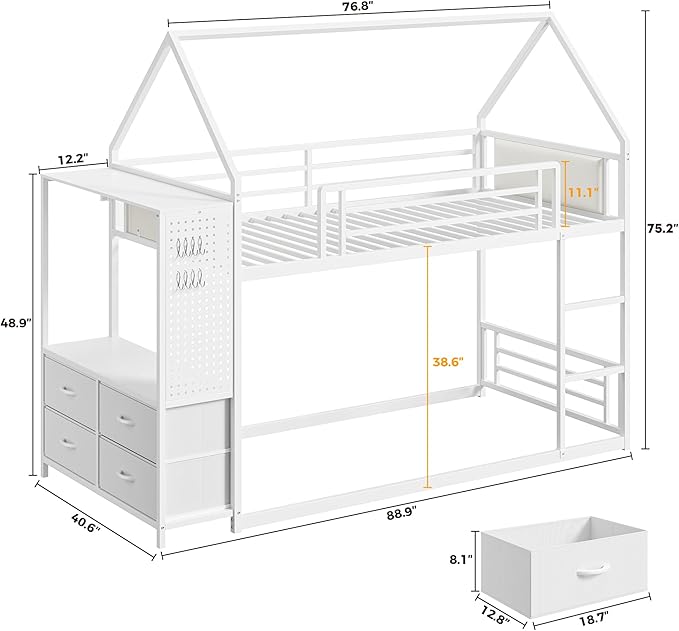 LIKIMIO Bunk Bed Twin Over Twin, House Bed Frame with 6 Storage Drawers,Hall Tree, Twin Bed with Metal Slats for Dormitory and Bedroom, Space Saving, No Box Spring Needed, White