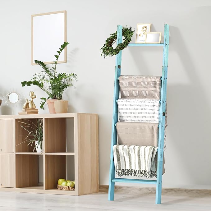 Honest Blanket Ladders for The Living Room, 6-Tier Blanket Holder, Wall-Leaning Blanket Rack, Ladder Shelves, Wooden Quilt Ladder, Farmhouse Decor, Blue