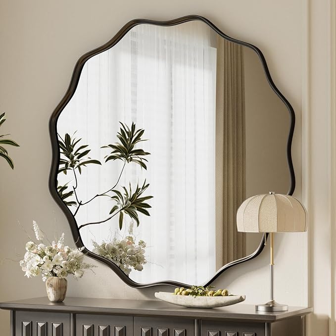 VooBang Black Scalloped Circle Mirror, 36" Wavy Edge Round Wall Mirror with Tempered Glass Textured Circular Metal Deep Frame, Hanging Leaning for Bathroom, Hallway, Entryway, Livng Room