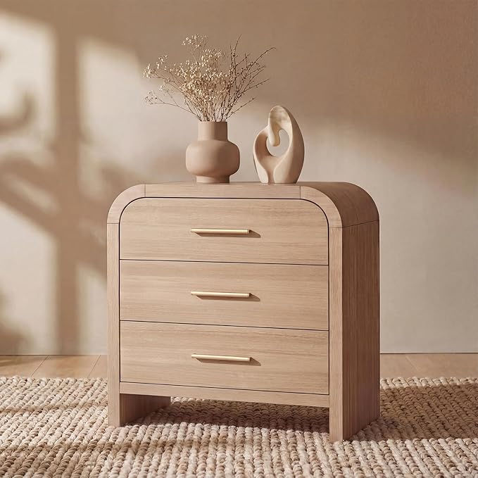 Night Stand [Unique Curved Profile] [FSC-Certified Wooden Board] 3-Drawer Nightstand 26.7" H Metal Handle Modern Bedside Table