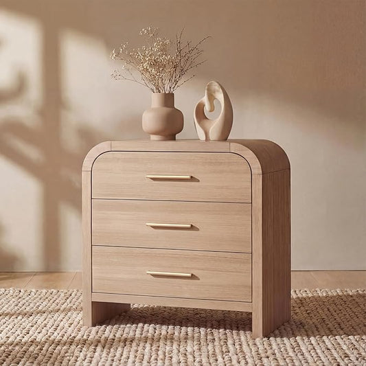 Night Stand [Unique Curved Profile] [FSC-Certified Wooden Board] 3-Drawer Nightstand 26.7" H Metal Handle Modern Bedside Table