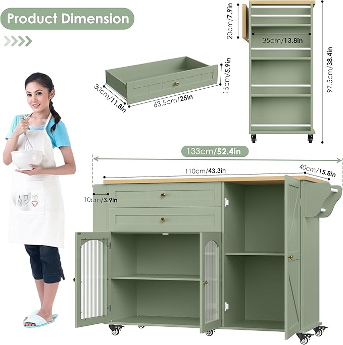 FINETONES Kitchen Island with Storage, Rolling Kitchen Island on Wheels with Wood Drop Leaf Countertop, Island Table Bar Cart with Spice Towel Rack Portable Kitchen Table Kitchen Carts on Wheels