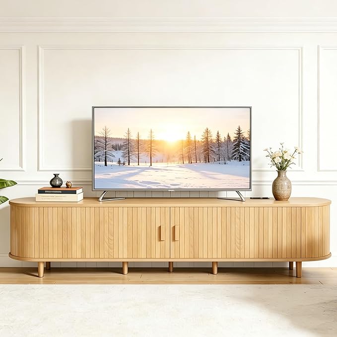 80" Mid Century Modern TV Stand, Wood TV Consoles with Sliding Doors and Power Outlet, Entertainment Center with Adjustable Shelves, Fluted TV Stands for Living Room, Oak