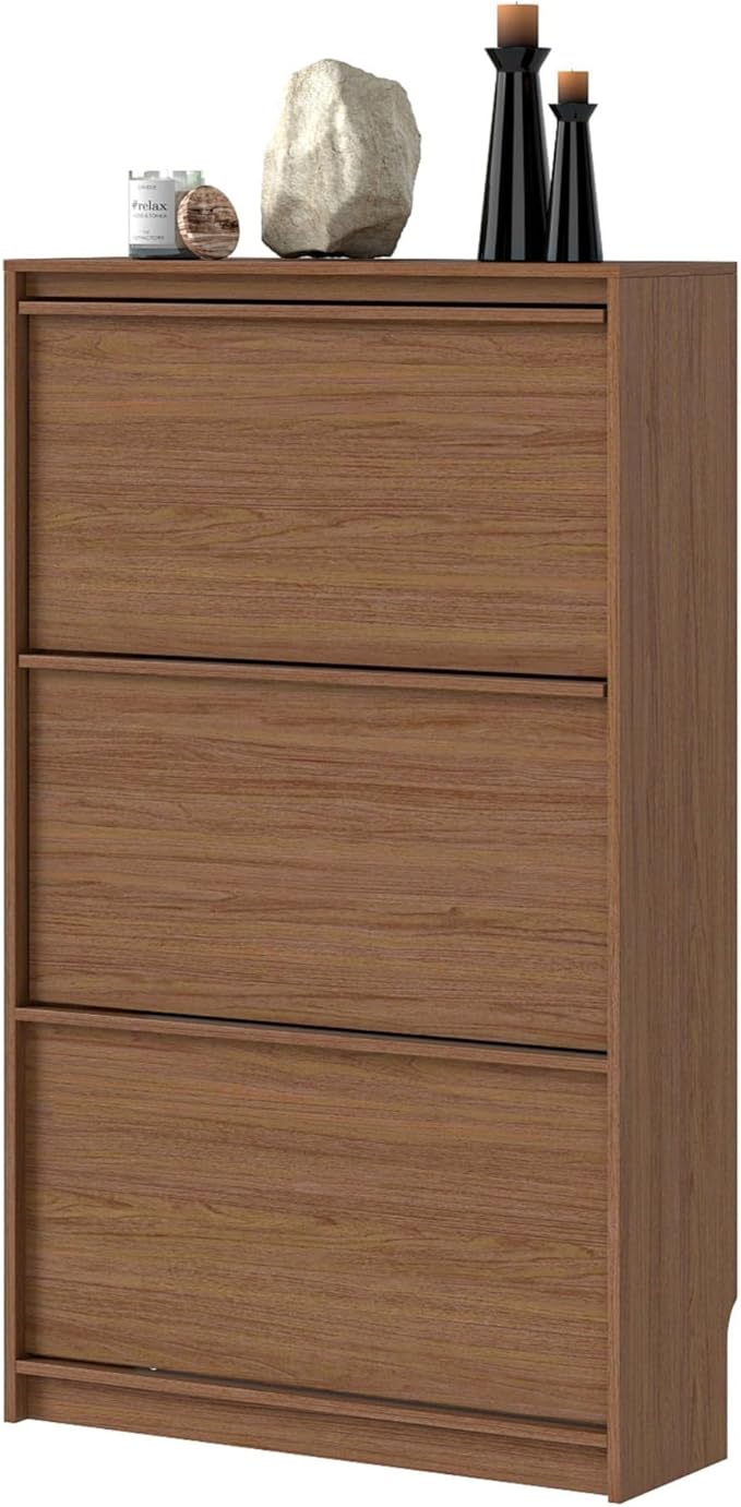 Shoe Cabinet with 3 Flip Drawers, 23.62" W Narrow Shoe Storage Cabinet for Entryway, Slim Shoe Organizer with Adjustable Shelves, Freestanding Shoe Rack for Hallway, Living Room, Walnut
