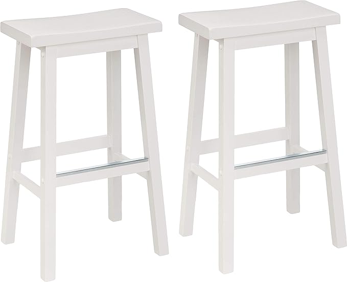 Amazon Basics Solid Wood Saddle-Seat Counter Height Bar Stools for Kitchen Island and Home Bar with Footrest, 29-Inch Height, White, Set of 2