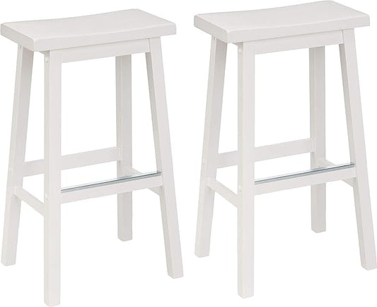 Amazon Basics Solid Wood Saddle-Seat Counter Height Bar Stools for Kitchen Island and Home Bar with Footrest, 29-Inch Height, White, Set of 2