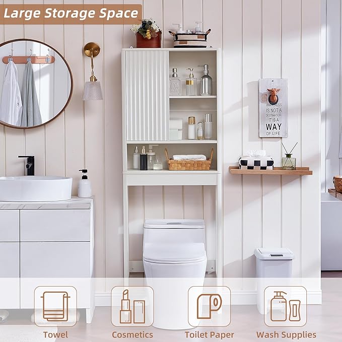 LEYAOYAO Fluted Over The Toilet Storage Cabinet, Farmhouse Over Toilet Bathroom Organizer with a Sliding Door, 68" Tall Freestanding Washer Shelf with Adjustable Shelf & Curved Profile,White