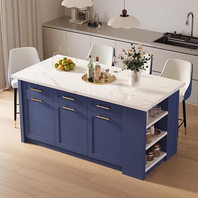 homary 72" Modern Kitchen Island with Storage, White Marble-Effect Engineered Wood Top, Modern Kitchen Table for Dining Room, Blue