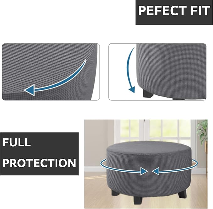 Stretch Ottoman Slipcover – Round Furniture Protector Fits 30"-41" Dia, for Footrests, Storage Ottomans & Folding Stools – Elastic Fabric Cover (Grey, X-Large)