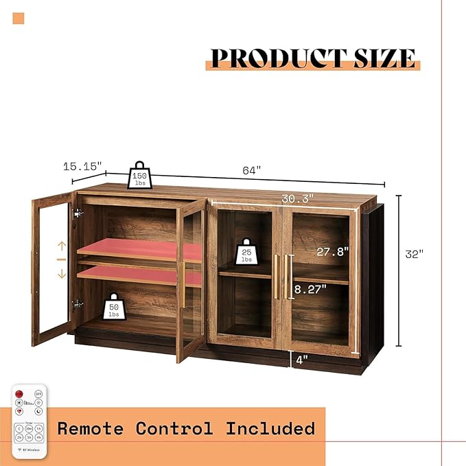 AMERLIFE Sideboard Buffet Cabinet, Mixed Color Accent Cabinet with LED Lights, Modern Glass Doors Storage Cabinets with Adjustable Shelf, Console Table for Dining, Living Room, Barnwood&Brown
