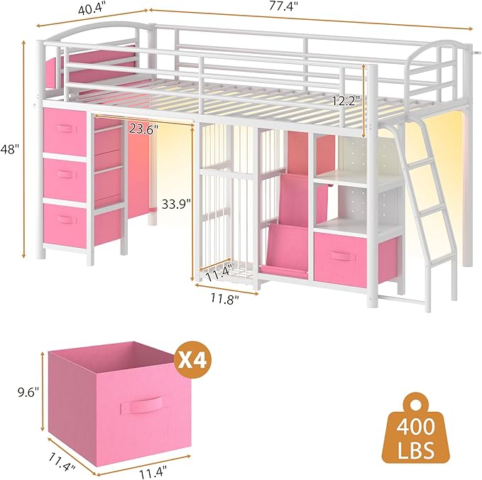 Low Loft Bed Twin Size with 4 Storage Drawers and LED Lights, Twin Loft Bed with Sling Bookcase & Toy Storage, Kids Twin Beds with Anti-Collision Pad & Play Curtain, Under-Bed Play Space, Pink+White