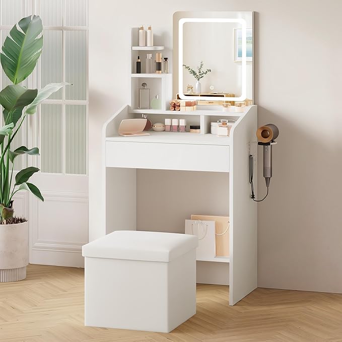 LIVELYGLOW Small Vanity Set with Lighted Mirror & Power Station, 24" Modern White Makeup Desk with Storage Stool, HairDryer Rack, Smart LED 3-Color Lighting, Compact Dressing Vanity for Bedroom
