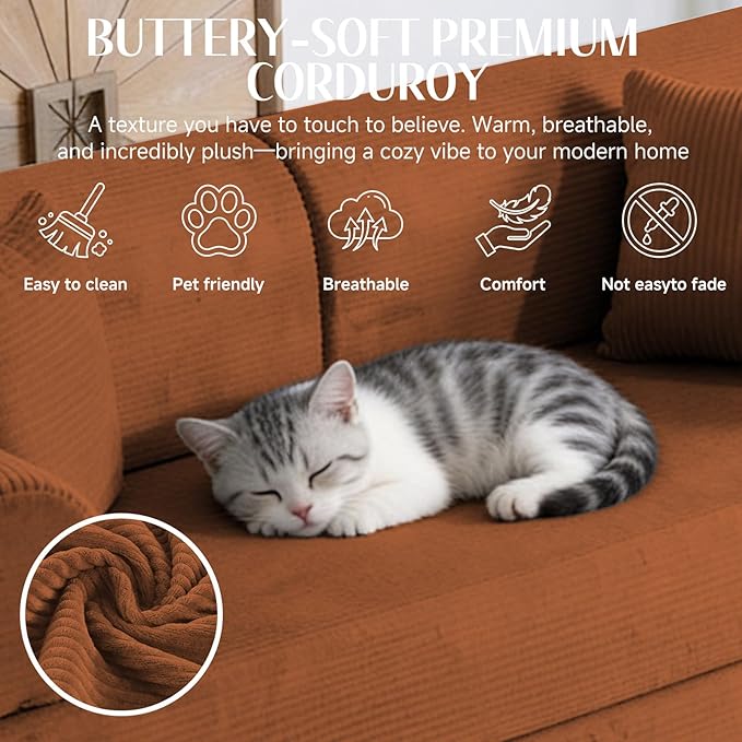 78.8" Convertible Sofa Bed with Detachable Arm Pillow, 6-in-1 Sectional Couches for Living Room, Corduroy Boneless Couch, Sleeper Loveseat Couch Bed, No Assembly, Orange Couch