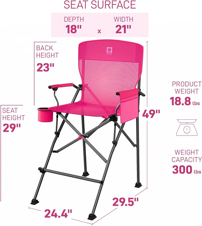 EVER ADVANCED Textilene Mesh Tall Camping Folding Chair 31", Portable Directors Chair, Bar Height Camping Chair with Carry Bag and Footrest, Armrest, Heavy Duty Supports 300 Lbs Pink