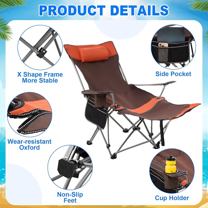 Yuntau 2 Set Reclining Beach Chairs with UPF 50+ Umbrellas Shade, Upgraded Heavy Duty Portable Folding Lounge Camping Chair with Canopy Removable Footrest & Headrest for Outdoor Patio(Orange,Green)