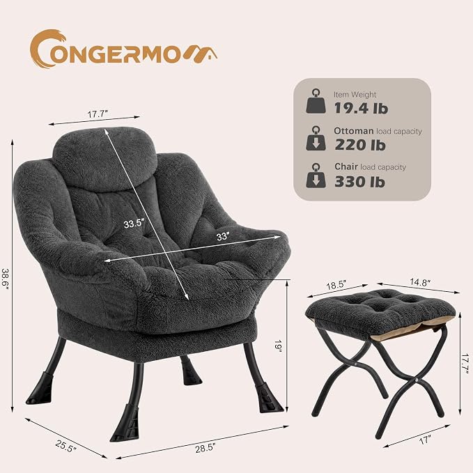 Lazy Chair with Folding Ottoman,Leisure Sofa Chair,Soft Fabric Armchair with Armrests and Side Pockets, Reading Chair with Footrest for Living Room, Bedroom, Office (Plush Dark Grey)
