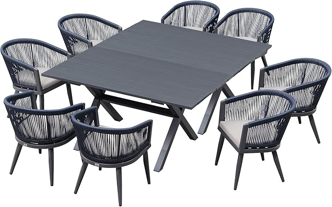 PURPLE LEAF Outdoor Dining Set for 8 All-Weather 10 Pieces Patio Aluminium Dining Oversized Table and Rope Weave Chairs Included Cushions for Backyard Indoor Kitchen Patio Furniture Set Gray and Navy