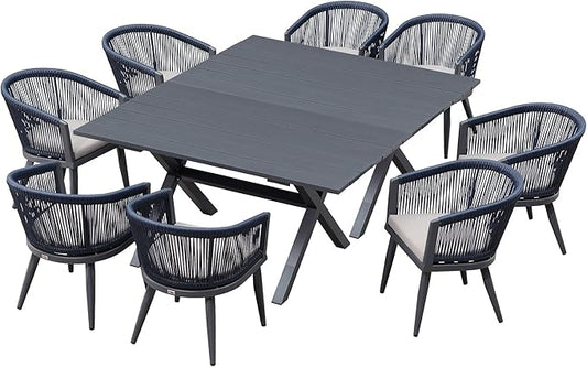 PURPLE LEAF Outdoor Dining Set for 8 All-Weather 10 Pieces Patio Aluminium Dining Oversized Table and Rope Weave Chairs Included Cushions for Backyard Indoor Kitchen Patio Furniture Set Gray and Navy
