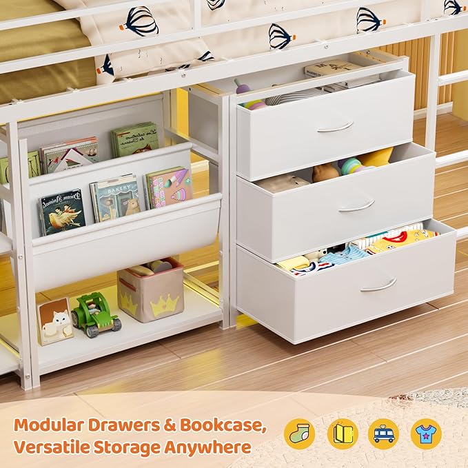 JOYMOR Low Loft Bed Twin Size with 3 Storage Drawers, 2 Tier Storage Shelves, 2 Tier Bookcase and LED Lights, Metal Kids Loft Bed with Safety Guardrail, Spave Saving Design (White)
