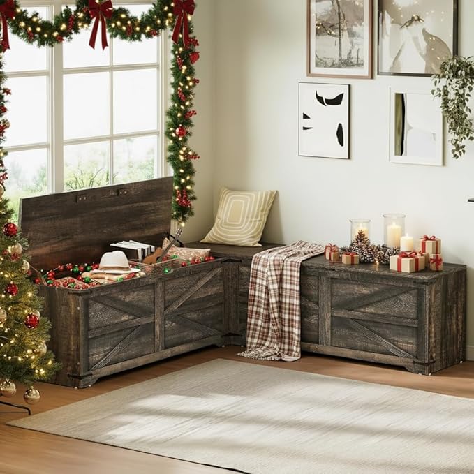 DWVO L-Shaped Storage Bench, 18" High Corner Dining Bench with Safety Hinges, Wooden Nook Chest for Living Room, Bedroom