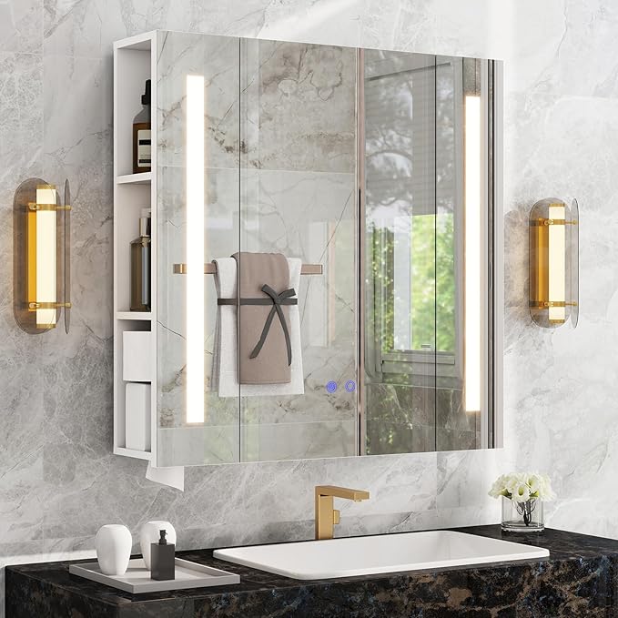 YOURLITE Bathroom Medicine Cabinet Mirror with Storage, Wall Mounted Bathroom Mirror Cabinet with LED Lights, Anti-Fog, 3 Lighting Modes, Adjustable Brightness, Adjustable Shelves
