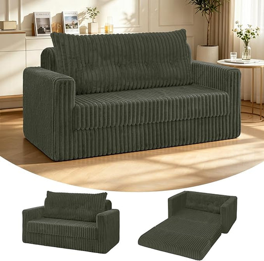 HABUTWAY 49.8" Loveseat Boneless Couch, 4-in-1 Convertible Sofa Bed, Plush Fur Folding Futon Sofa Bed Couches with a Pillow for Living Room, High-Density Foam Support, No Assembly Required, Green