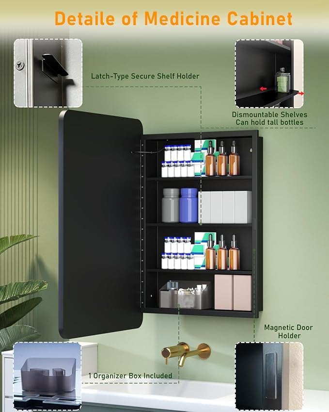 20x30 Inch Lighted Medicine Cabinet with Mirror, LED Bathroom Mirror with Storage Wall Mounted & Recessed Mounted, Anti-Fog, Dimmable 3 Lighting Colors, Memory Function, 3 Shelves & 1 Organizer, Black