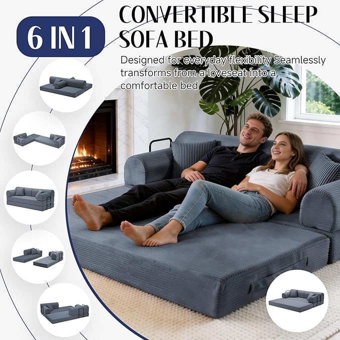 78.8" Convertible Sofa Bed with Detachable Arm Pillow, 6-in-1 Sectional Couches for Living Room, Corduroy Boneless Couch, Sleeper Loveseat Couch Bed, No Assembly, Gray Couch