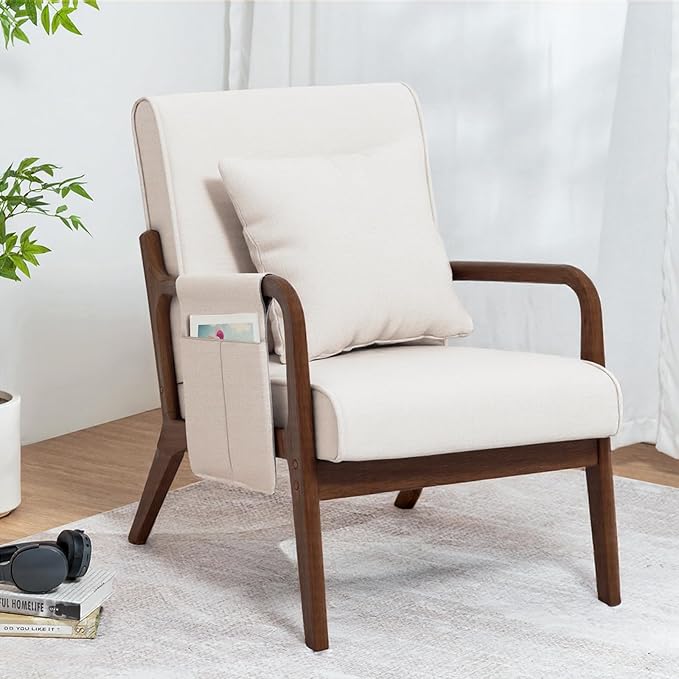 HOMMPA Mid-Century Modern Accent Chair, Comfy Reading Armchair with Solid Wood Frame & Lumbar Pillow, Upholstered Linen Lounge Chair with Side Pocket for Living Room, Bedroom,Balcony(Beige)