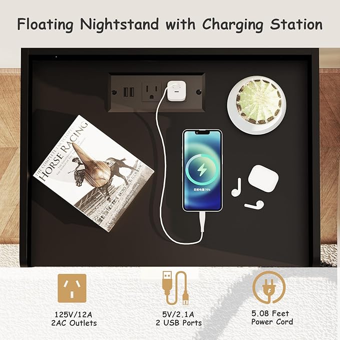 Arbuxzuy Floating Nightstand with Charging Station, Modern Wall Mounted Bedside Table with Drawer & Open Shelf, Minimalist Wooden Night Stand for Bedroom (Black)