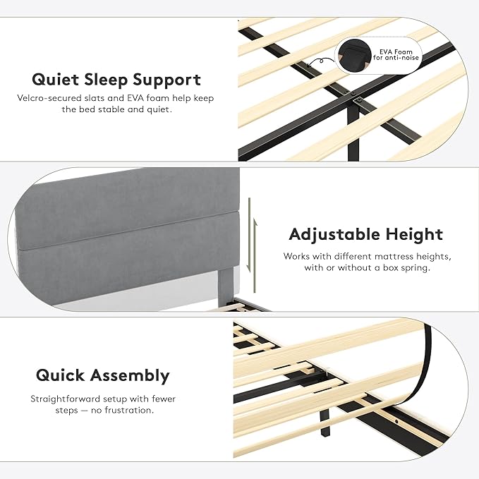 GRUSIGN King Size Platform Bed Frame with Velvet Headboard, Adjustable Height Wooden Slats Support, Upholstered Mattress Foundation, Fits Mattress or Mattress with Box Spring, Easy Assembly, Grey