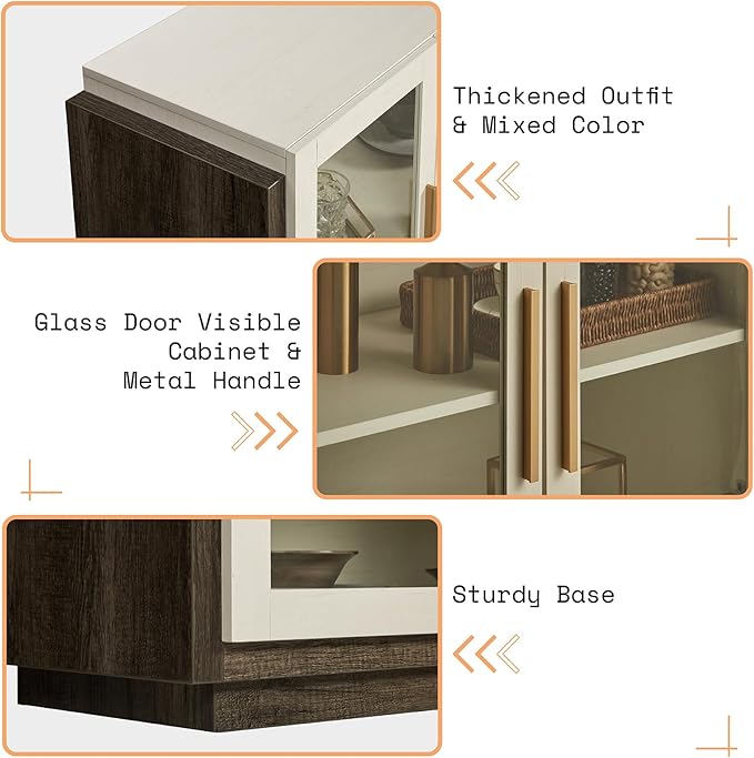 AMERLIFE Sideboard Buffet Cabinet, Mixed Color Accent Cabinet with LED Lights, Modern Glass Doors Storage Cabinets with Adjustable Shelf, Console Table for Dining, Living Room, White and Grey
