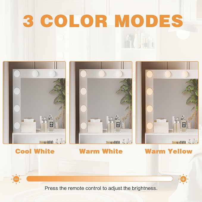 YESHOMY 39" Vanity Desk with Mirror & Lights, Makeup Vanity Table with Power Outlet & Storage Drawers, 3 Color LED Lighting, Dressing Table for Bedroom, White