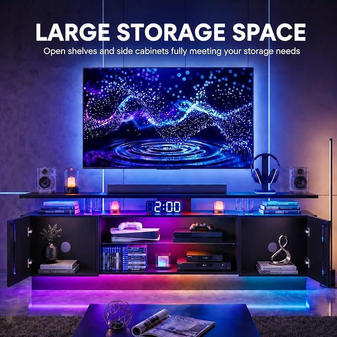 70” High-Glossy TV Stand with 2 Side Cabinets, Modern Stylish TV Console with 3 Layer LED Lights,Gaming TV Media Console with Adjustable Glass Shelf, Remote&APP Control, Black
