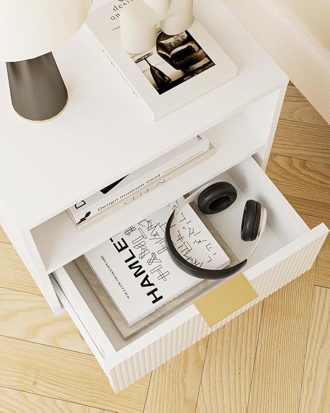 Aienvey Night Stand, Modern Nightstand with Drawers, Bedside Table, Gold Small Side Table for Bedroom, Living Room End Table (White Stripe, 1 Drawer)
