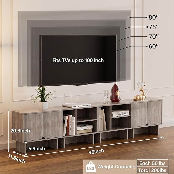 Lab Cosi TV Stand for TVs up to 100 Inch,4pcs Modular TV Hutch with Adjustable Shelf,Entertainment Center with Cabinets,Media Console for Living Room,Dining Room,Bedroom, Grey
